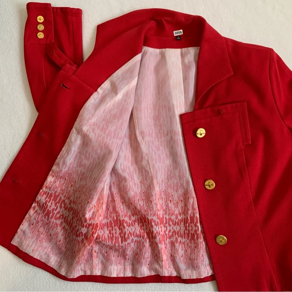 Cabi Love Carol Collection Blazer Jacket Women's Bow Beau Gold Button Red Size 6